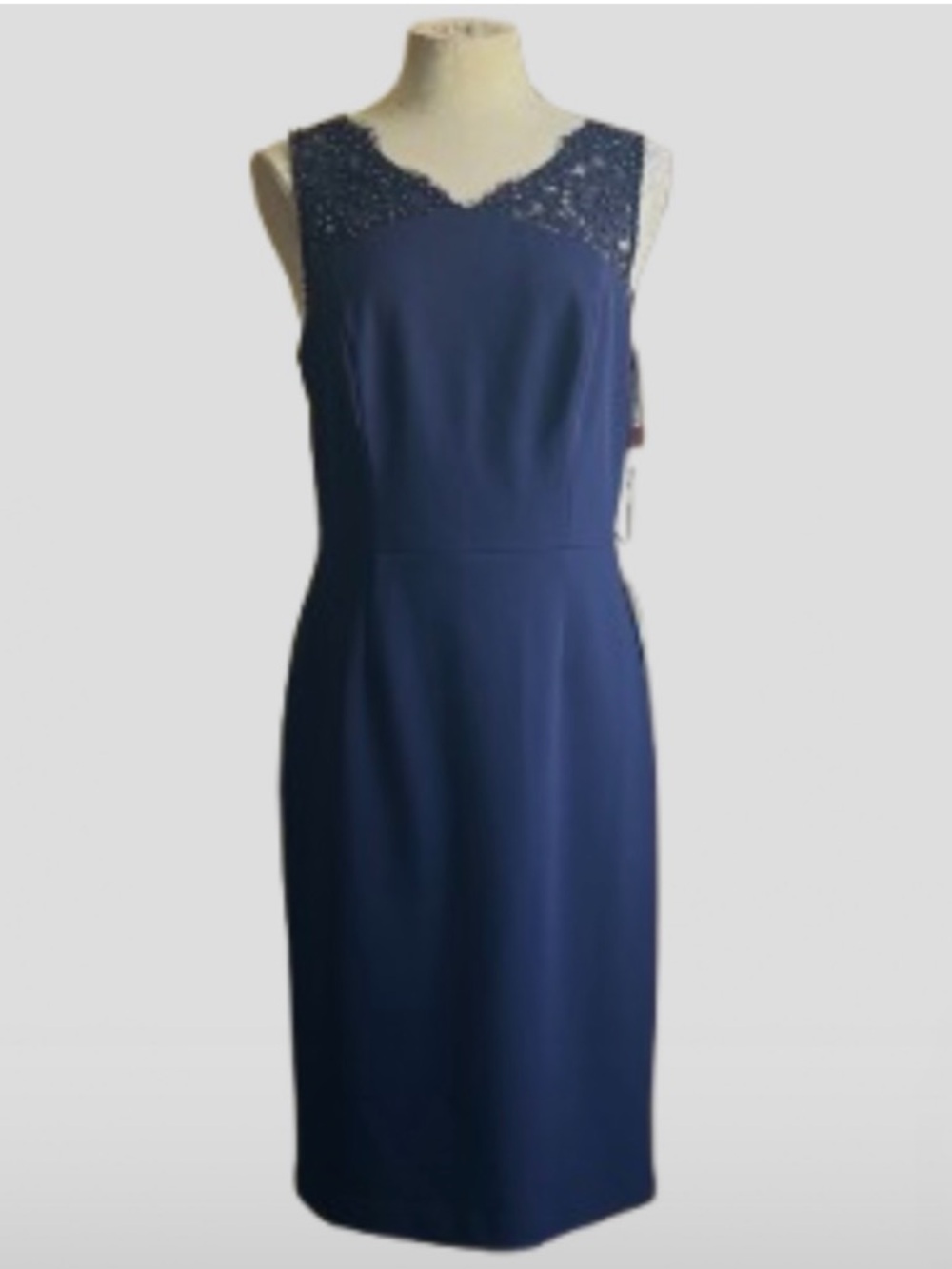 Vince Camuto Navy Sleeveless Beaded Sheath Midi Dress